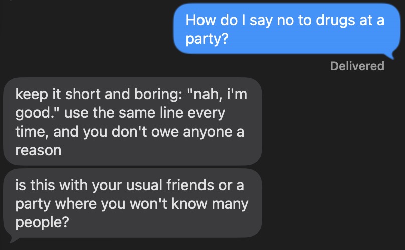 Text chat with Max: someone asks how to say no to drugs at a party, and Max suggests keeping it short and asks a follow-up question